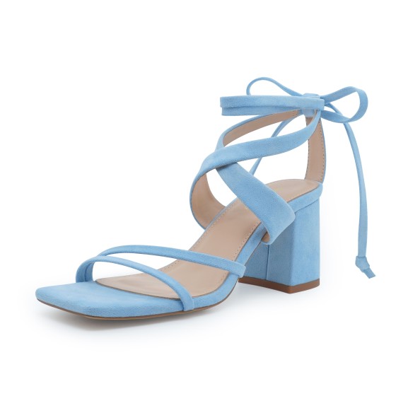 Juobeowony Women's Strappy Heels Lace Up Sandals Square Toe Block Heel Wedding Party Dress Shoes